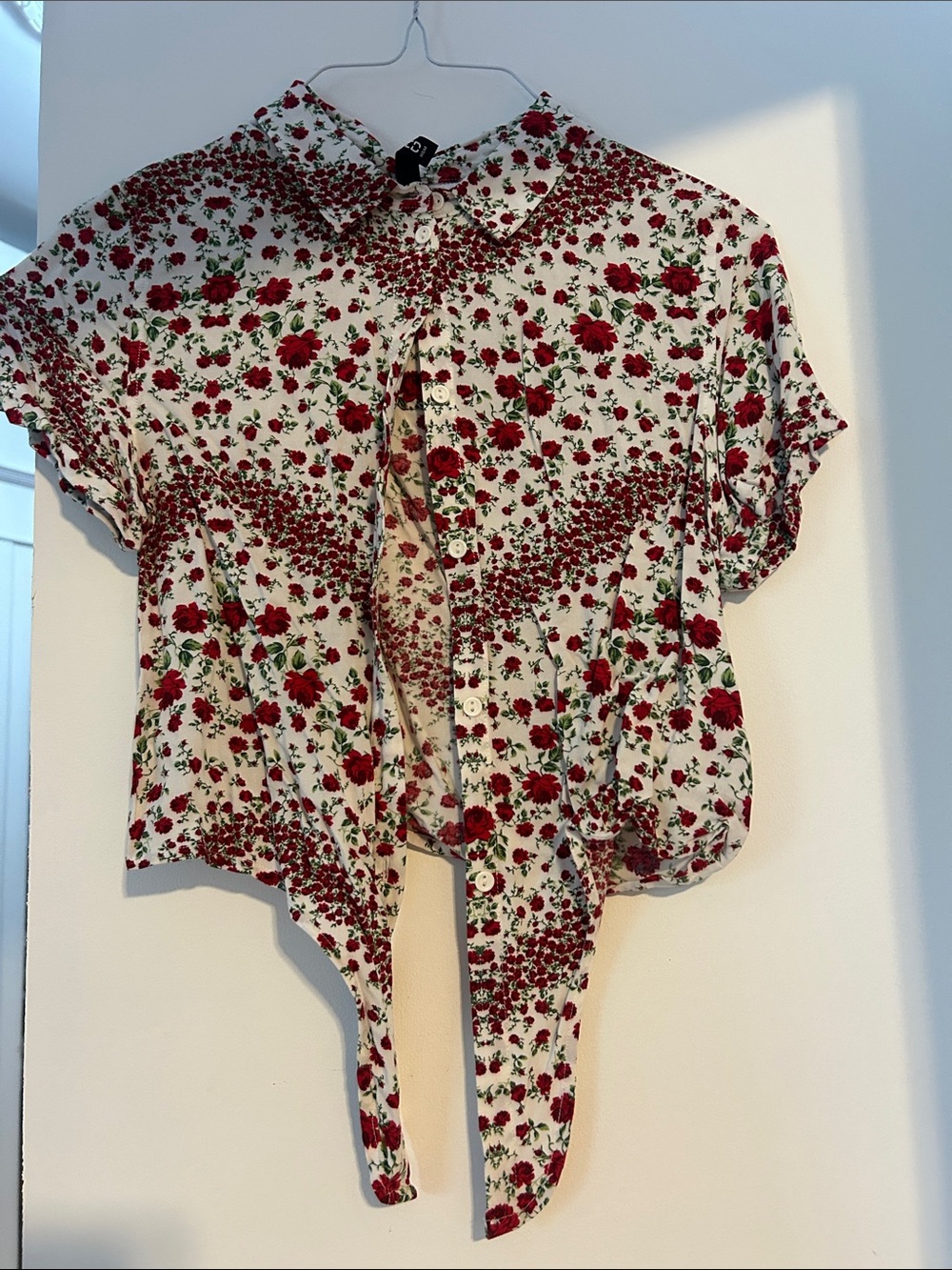 H&M Cream Blouse with Red Floral Print and Front Tie